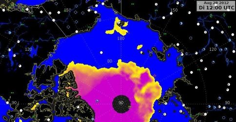 Die Eiskonzentration am 28.08.2012 12:00 UTC. Am Nordpol selber liegen, bedingt durch die Flugbahnen der Satelliten, keine Daten vor. (Quelle: DWD) Die Eiskonzentration am 28.08.2012 12:00 UTC. Am Nordpol selber liegen, bedingt durch die Flugbahnen der Satelliten, keine Daten vor. (Quelle: DWD)